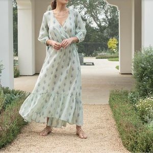 NWOT Woven by Synergy 100% organic faux wrap maxi dress XS light green blue